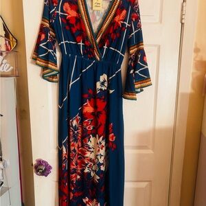 Flying Tomato Red and Blue Floral Long Sleeve Dress